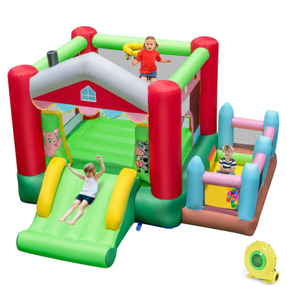 4-in-1 Farm Themed Inflatable Bounce House with Slide Ball Pit & Basketball Hoop - Ohberri
