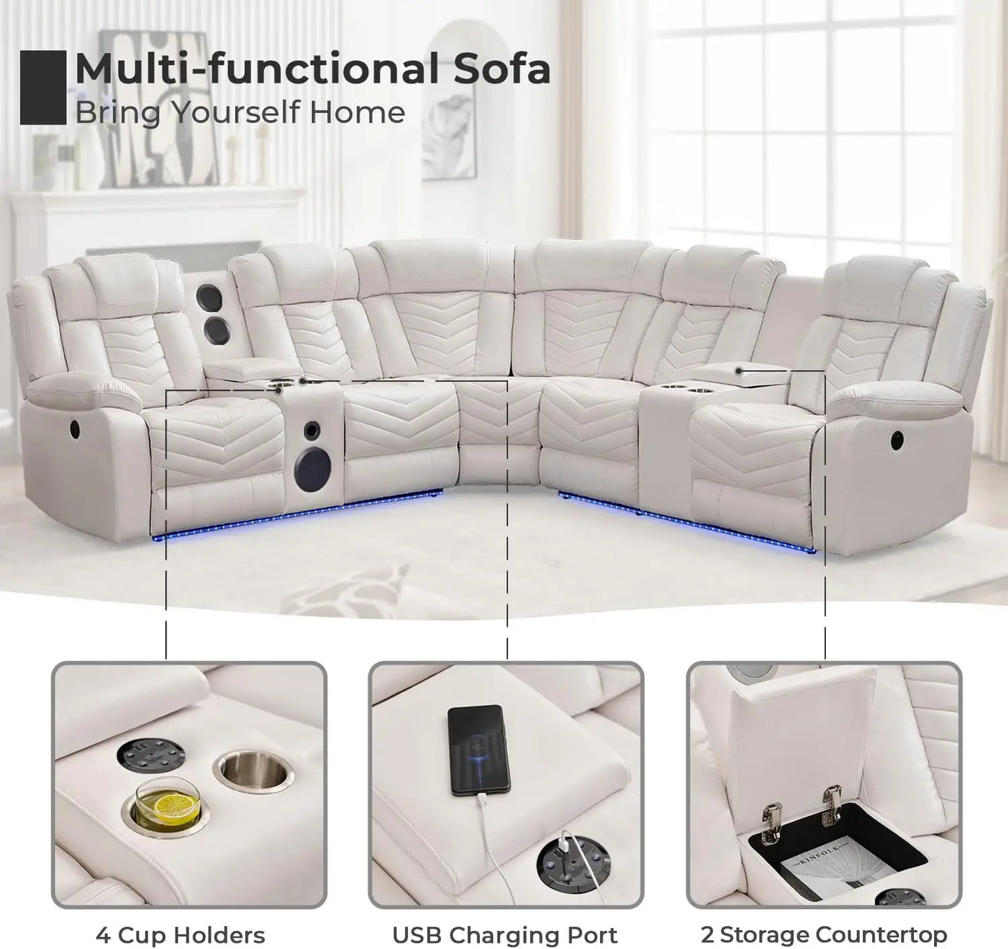Electric Power Recliner Sectional Sofa With Bass Speakers & LED Lights – Faux Leather L-Shaped Sectional - Ohberri