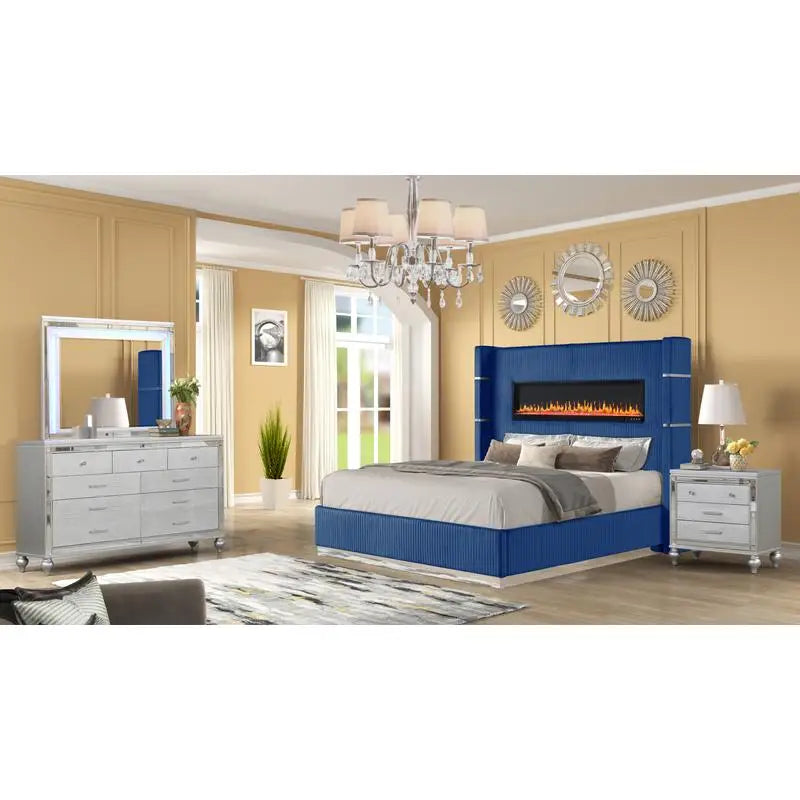 Modern Upholstery King 4-Piece Bedroom Set with Bed, Nightstand, Dresser, Mirror, and Fireplace in Blue Wood - Ohberri