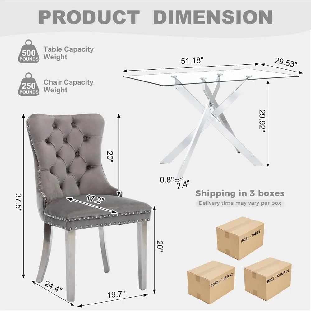 51 Inch Glass Dining Table with 4 Upholstered Velvet Accent Chairs, 5 Piece Modern Ohberri
