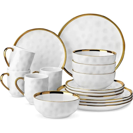 16 Pieces Plates and Bowls Sets Porcelain White and Gold Dinnerware Sets Ohberri