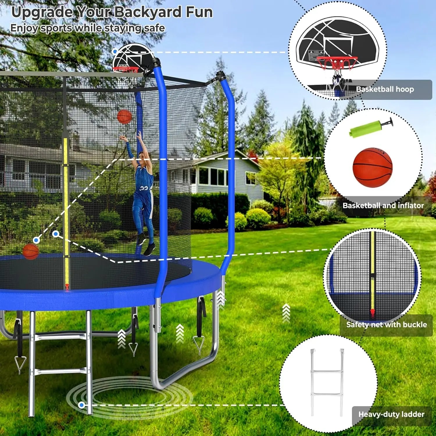 Trampoline 14FT With Basketball Hoop, Light, Sprinkler, Stakes - Outdoor Ohberri
