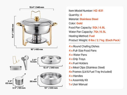 4 Pack Chafing Dish Buffet Set Stainless Steel Chafer w/4 Full Size Pan Round Catering Warmer Ohberri