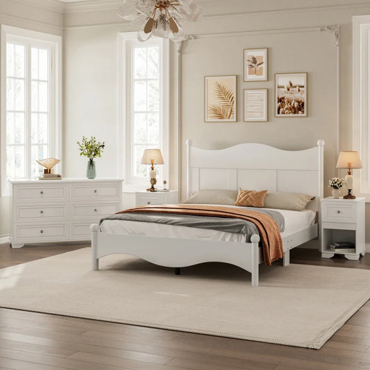 4-Pieces Retro Style Bedroom Sets, Queen Size Platform Bed Storage Nightstand and Dresser with Metal Handle, White - Ohberri