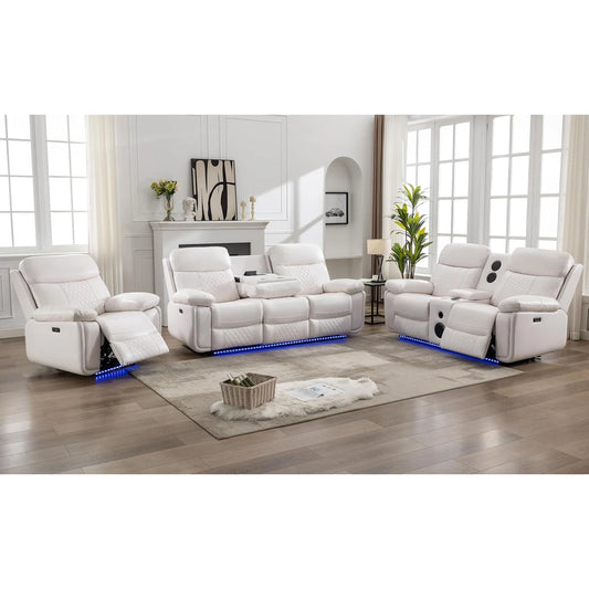 6-Seat Electric Power Recliner Sofa Set With Drop-Off Table, Wireless Charger & Type-C Port, Faux Leather Loveseat With Bass Speaker - Ohberri