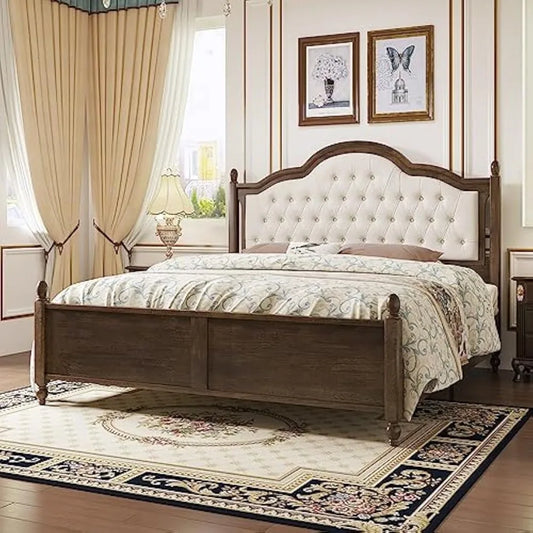 King Size Wood Bed Frame with Upholstered Headboard, Solid Wood Platform Bed with Linen Tufted - Ohberri
