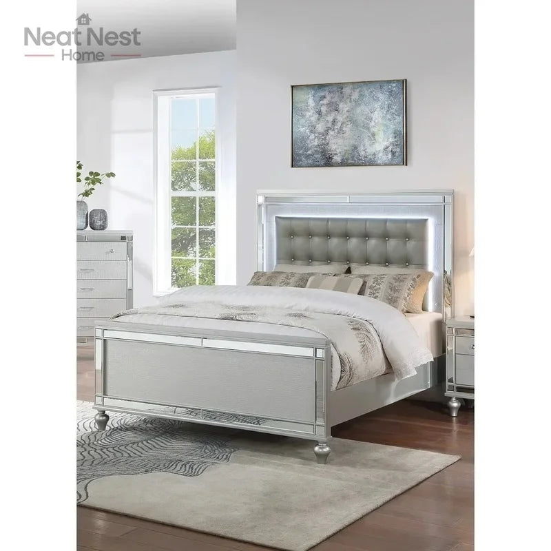 King Size Panel Bed Frame with LED Lights - Beautiful Silver Tufted Faux Leather - Ohberri