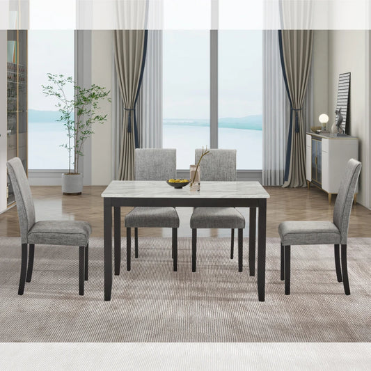5-Piece Dining Set with Faux Marble Tabletop, Faux Marble dining table set for 4, Modern Wooden Dining Table Set for Kitchen - Ohberri