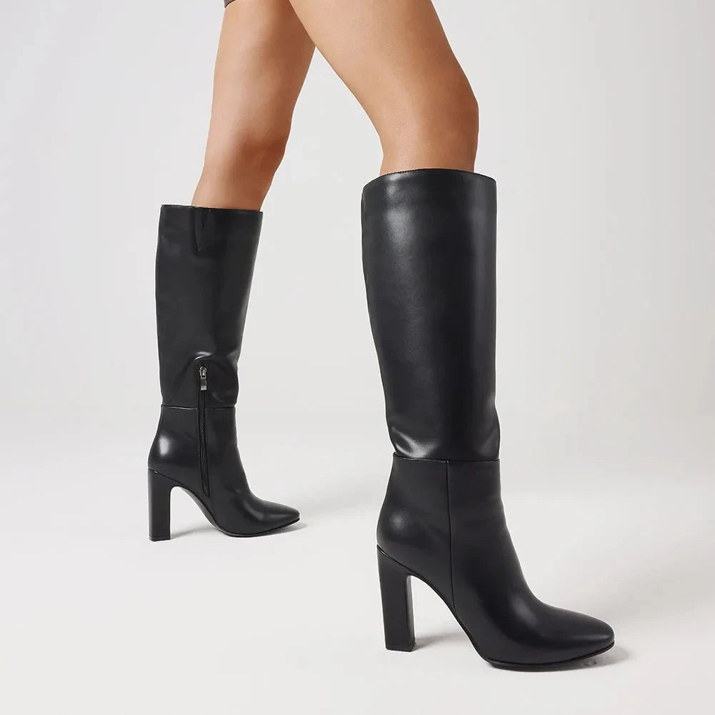 knee high thick high heels square toe boots Ohberri