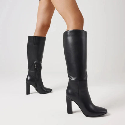 knee high thick high heels square toe boots Ohberri