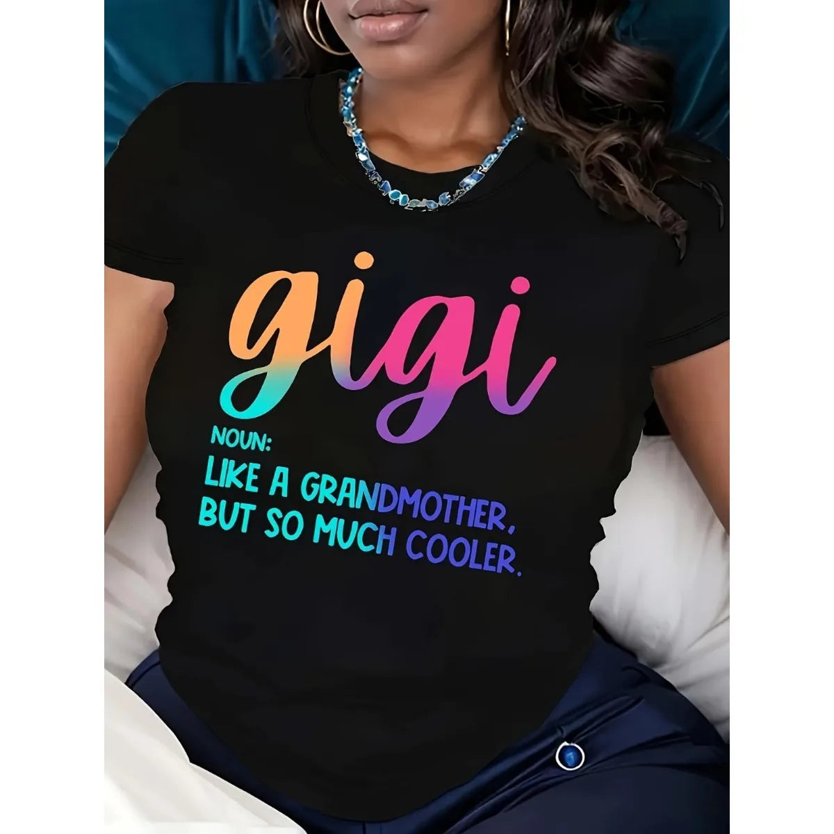 Women's Fashionable Pure Cotton Casual Round Neck Gigi Letter Printed Pattern T-shirt