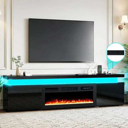 85’’ Fireplace TV Stand for 90 Inch TVs, Modern with LED Lights, High Gloss with 40’’ Electric Ohberri