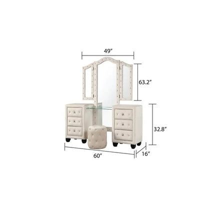 Upholstered Queen 4-Piece Vanity Bedroom Set, Crystal Tufted Design, Wooden Frame - Ohberri