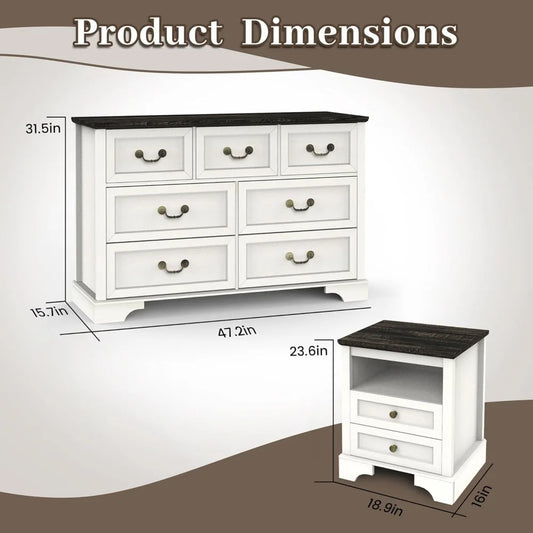 Farmhouse Bedroom Set, 3 Pieces Rustic Wood 6 Drawer Dresser and Nightstands - Ohberri