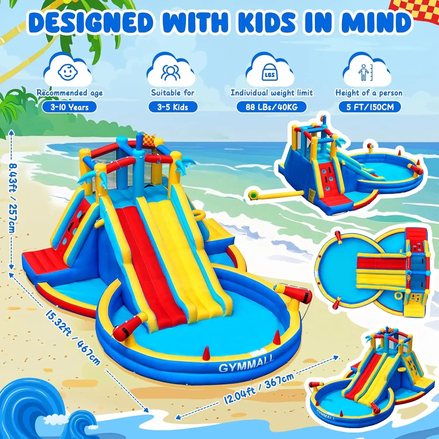 Inflatable Water Slide Bounce House with 550 W Blower, Blow up 8-in-1 Waterslide - Ohberri