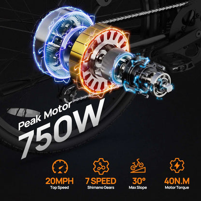 Peak 750W E26 Electric Bike 26x2" Commuter Tires 48V 10.4Ah 20MPH Speed 7-Speeds LCD Display - Ohberri