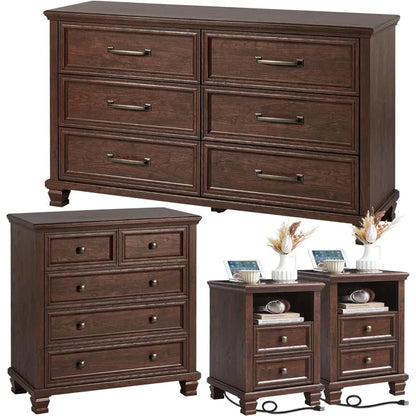 Farmhouse Dresser and Nightstand Sets of 4, 6/5 Drawer Dresser & 2 Drawer Nightstand Set of 2, Rustic Walnut - Ohberri