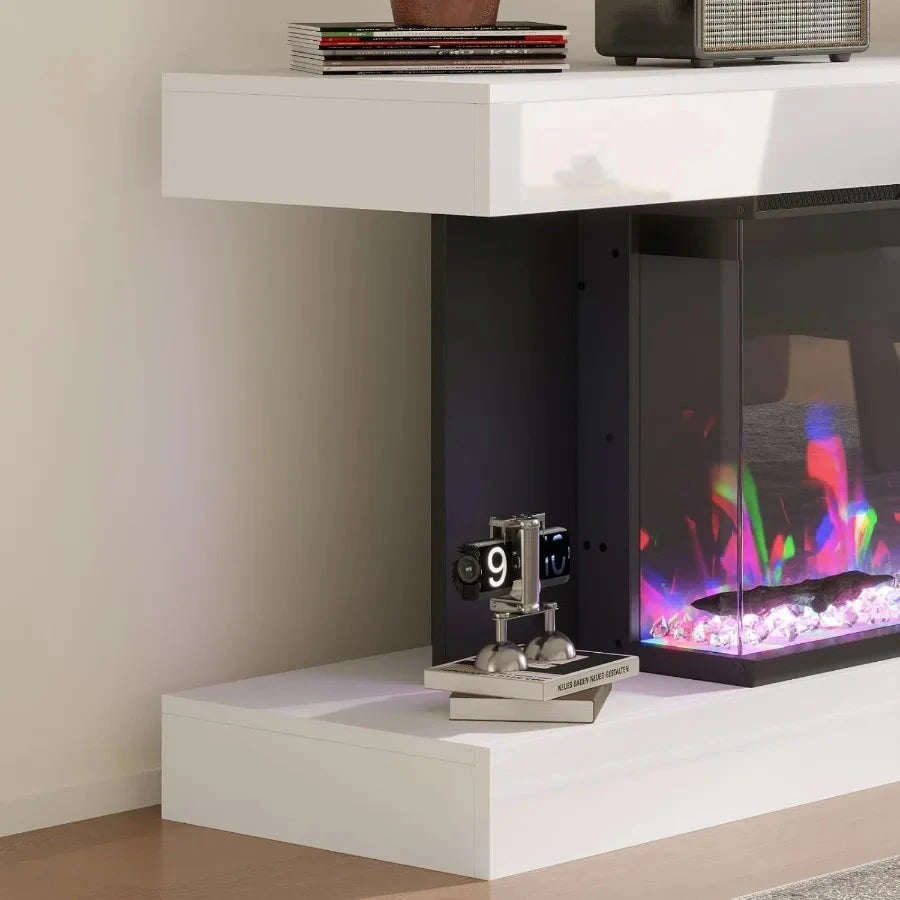 TV Stand with Electric Fireplace LED Lights High Gloss Ohberri