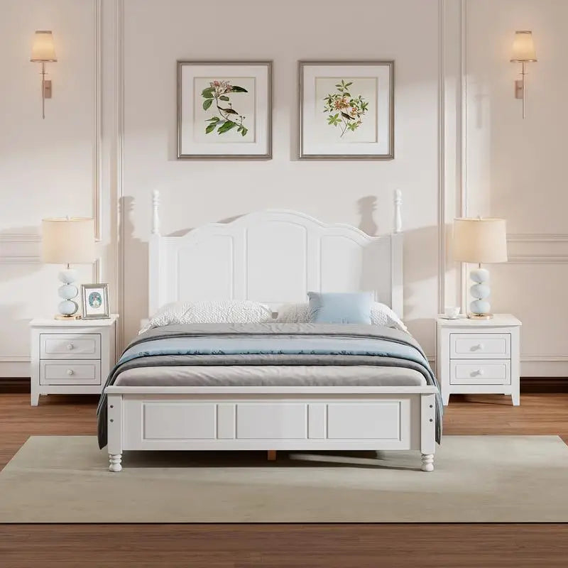 Full Size Wooden Platform Bed with 2 Nightstands, White 3-Piece Bedroom Set - Ohberri