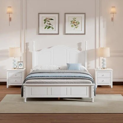 Full Size Wooden Platform Bed with 2 Nightstands, White 3-Piece Bedroom Set - Ohberri