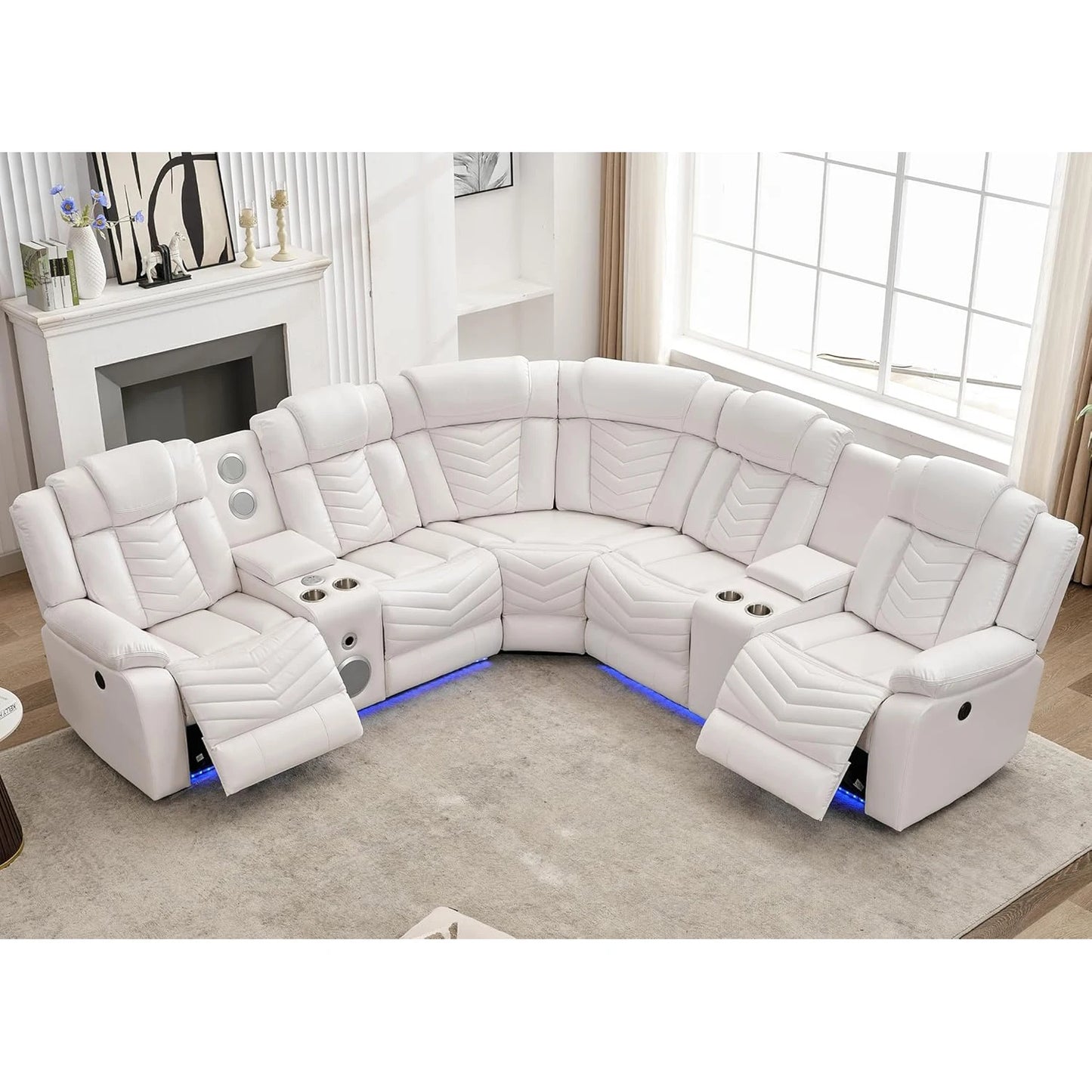 Electric Power Recliner Sectional Sofa With Bass Speakers & LED Lights – Faux Leather L-Shaped Sectional - Ohberri