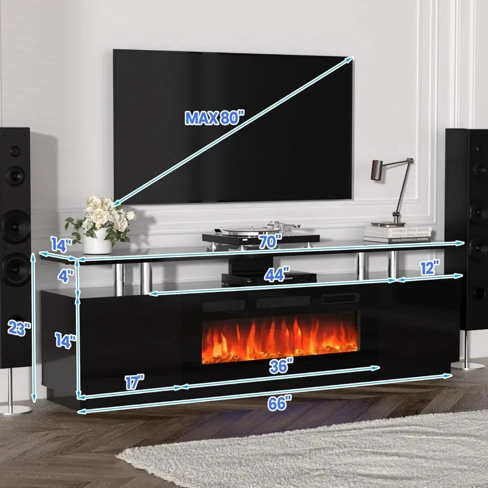 70'' TV Stand, Storage Cabinet & Electric Fireplace Heater with LED Light and 12 Flame Colors Ohberri