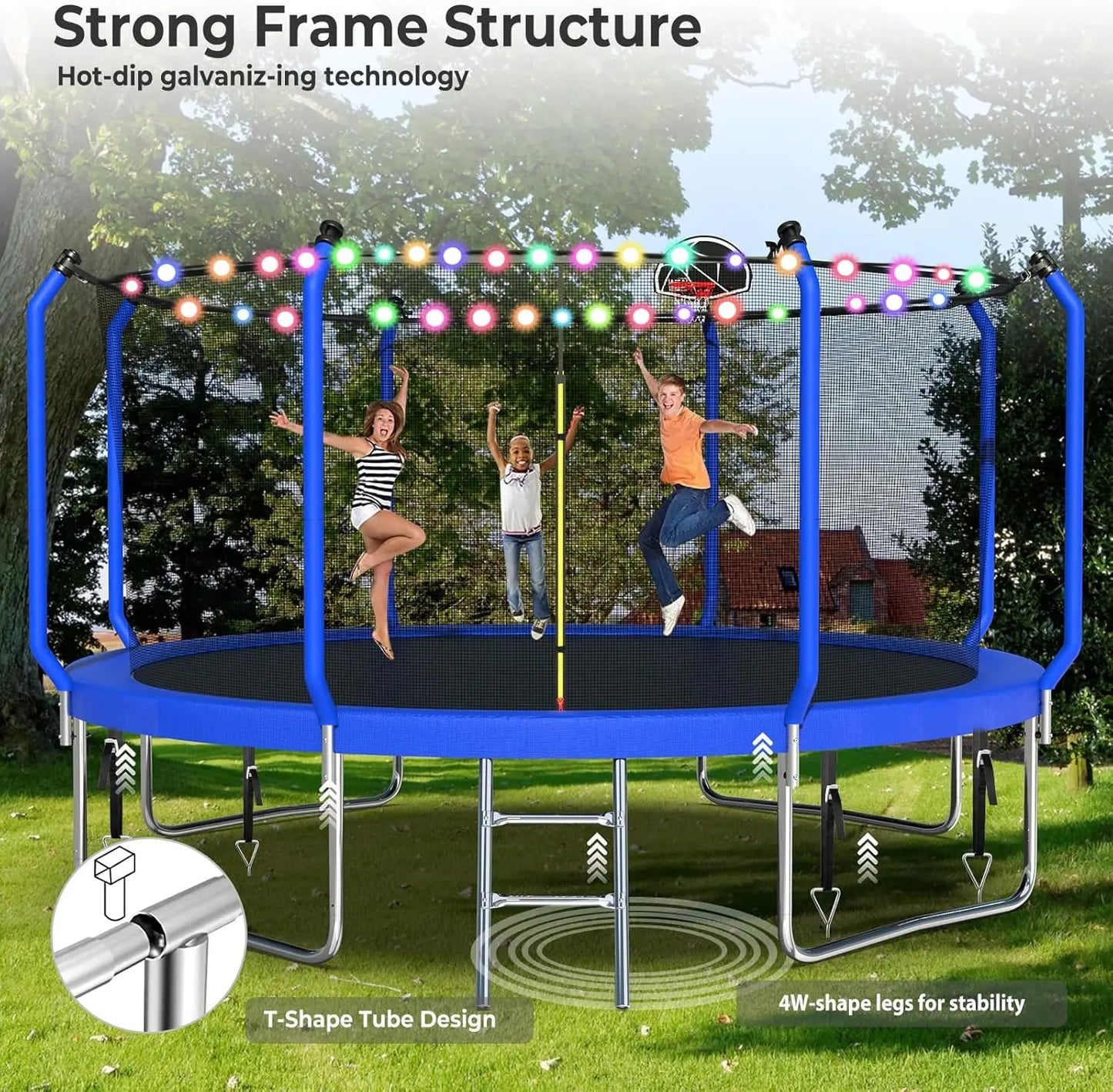 Trampoline 14FT With Basketball Hoop, Light, Sprinkler, Stakes - Outdoor Ohberri