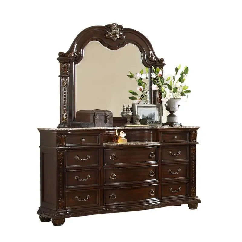 5-Piece King Bedroom Set (King Bed, Nightstand, Dresser, Chest & Mirror) Button Tufted, Wood Construction, Dark Walnut Finish - Ohberri