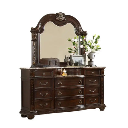 5-Piece King Bedroom Set (King Bed, Nightstand, Dresser, Chest & Mirror) Button Tufted, Wood Construction, Dark Walnut Finish - Ohberri