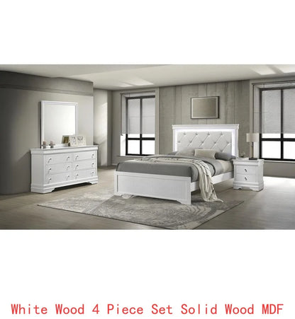 4 Piece Twin Bedroom Set with Upholstered LED Headboard, Wood Frame in White - Ohberri