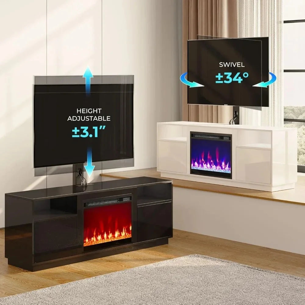 LED TV Stand w/Power Outlets & Electric Fireplace, Swivel TVs Stand Mount for 45/55/60/65 inch TVs, Height Adjustable Ohberri