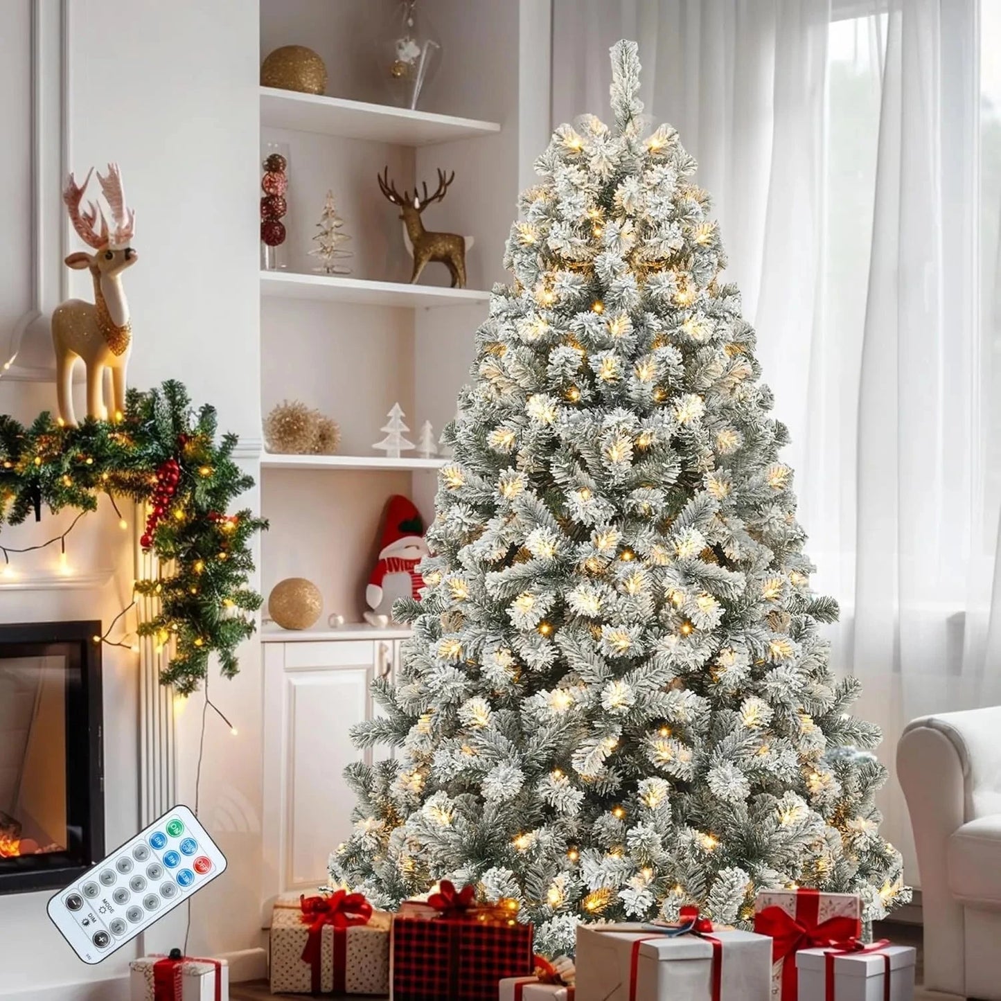 9ft Prelit Snow Flocked Christmas Tree with Remote Hinged Pine Christmas Tree Ohberri