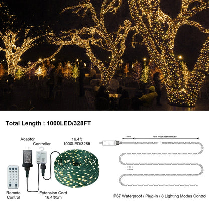 Rope Lights,1000LED/328Ft with 8 Modes/Remote/IP67 Waterproof/Timer/Memory Function Ohberri