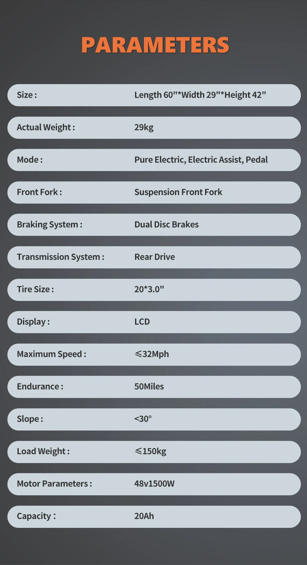 Electric Bike 20'' 1500W Up to 50 Miles 32MPH with 48V 20AH - Ohberri