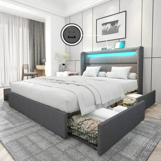 King Bed Frame with RGBW LED Lights Headboard & 4 Storage Drawers - Ohberri