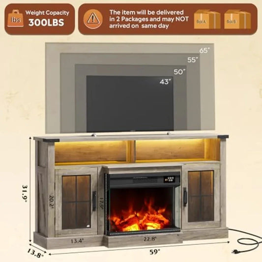 3Sided Glass Electric Fireplace TV Stand for 65 Inch TV Entertainment Center with 14 Flame Colors Adjustable LED Ohberri