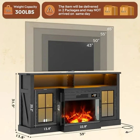 3Sided Glass Electric Fireplace TV Stand for 65 Inch TV with 14 Flame Colors LED Storage Cabinets Ohberri