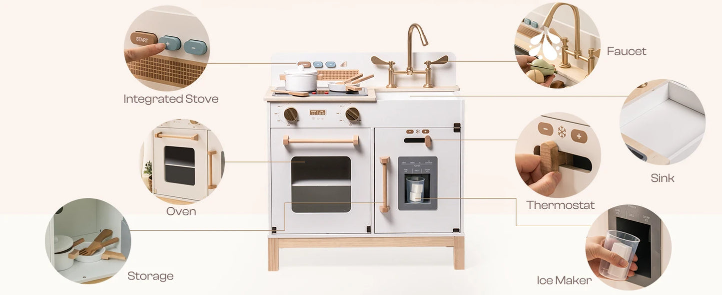 Wooden Play Kitchen with Real Lights Sounds Ice Cube Dispenser -White - Ohberri