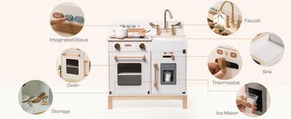 Wooden Play Kitchen with Real Lights Sounds Ice Cube Dispenser -White - Ohberri