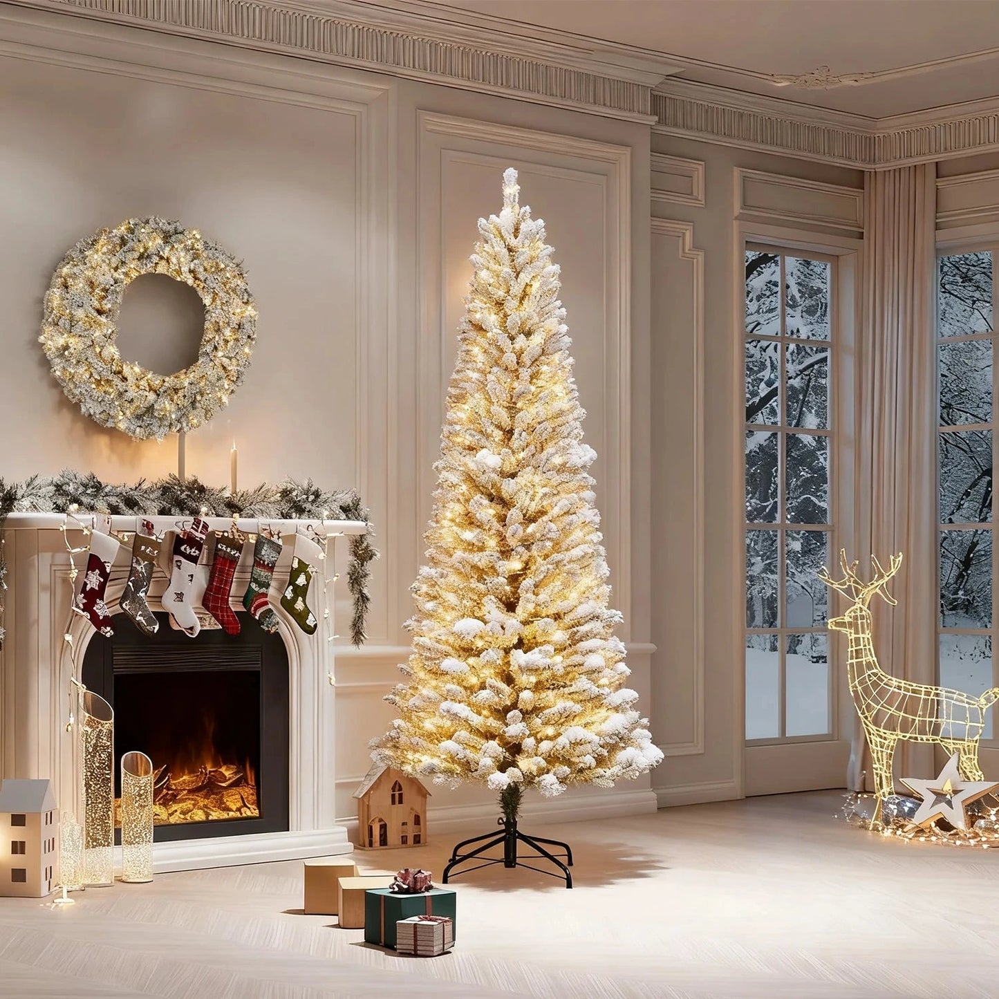 6FT/7.5FT/9FT Pre-lit Pencil Christmas Tree Artificial Xmas Tree With Light Ohberri