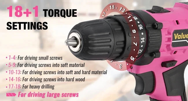20V 3/8" Pink Cordless Drill Set  18+1 Torque Settings, Power Drill Set with LED Light and Magnetic Holder Ohberri