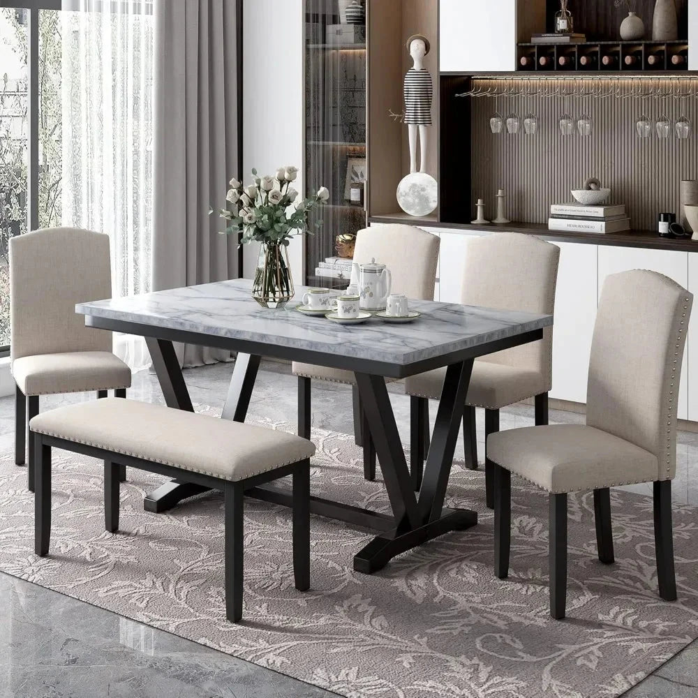 6 Pieces Dining Table Set with Bench, Rectangle Dining Table with 4 Upholstered Chairs & a Bench, Wood Ohberri