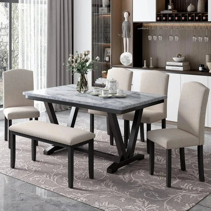 6 Pieces Dining Table Set with Bench, Rectangle Dining Table with 4 Upholstered Chairs & a Bench, Wood Ohberri