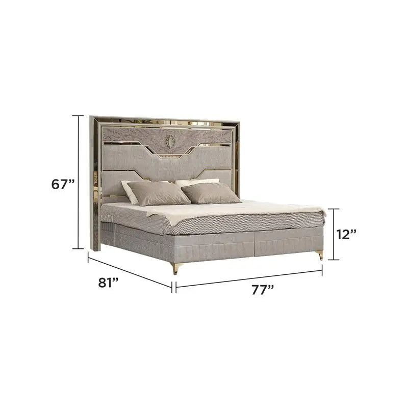 Modern 5 Piece King Size Upholstered Bedroom Set with Wood and Gold Accents in Beige - Ohberri
