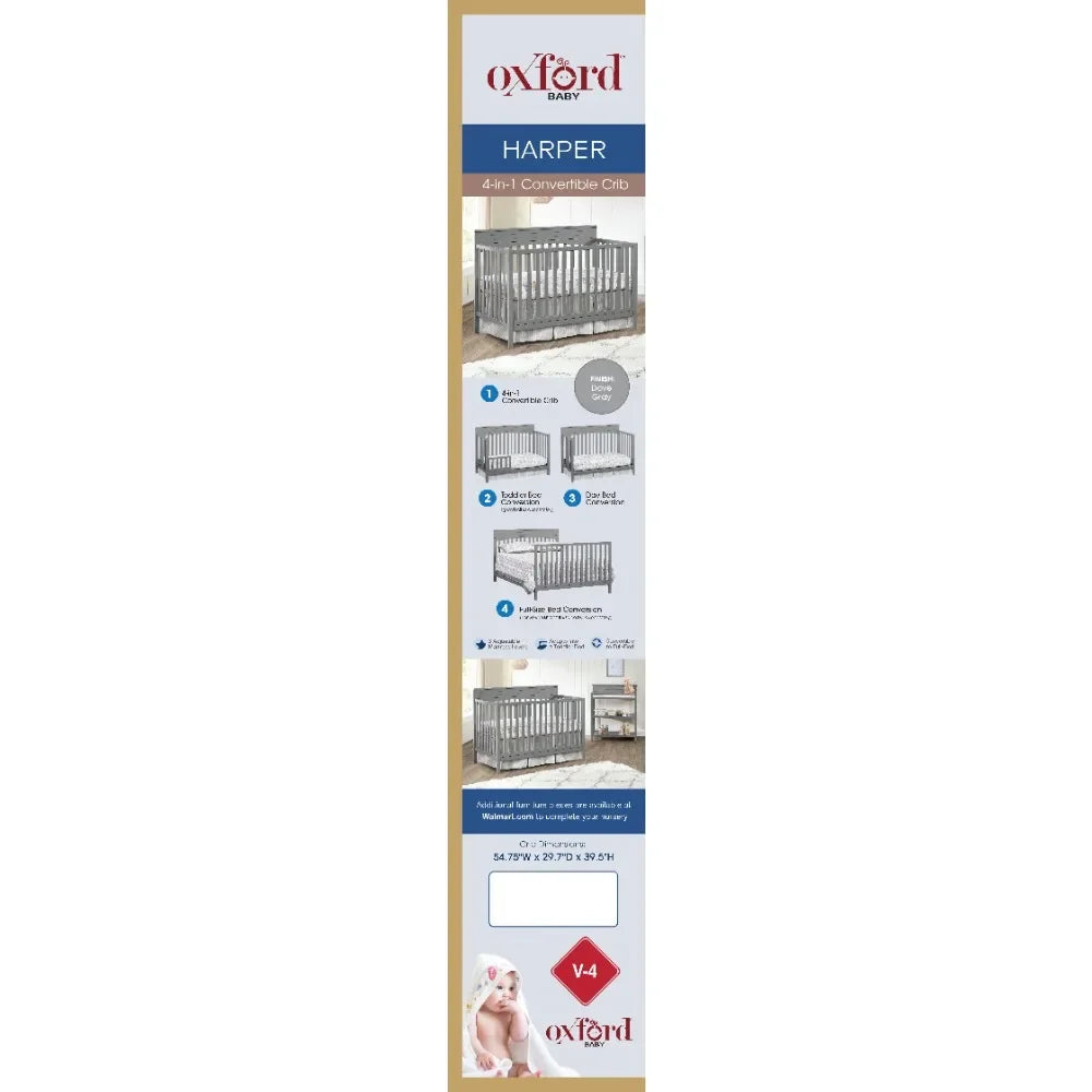 4-in-1 Convertible Crib, Dove Gray, GREENGUARD Gold Certified, Wooden Crib - Ohberri