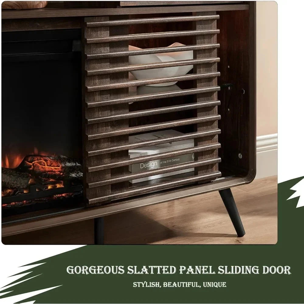 TV Stand for 80 Inch TV, Mid Century Modern with 36" Electric Fireplace & Led Lights Ohberri