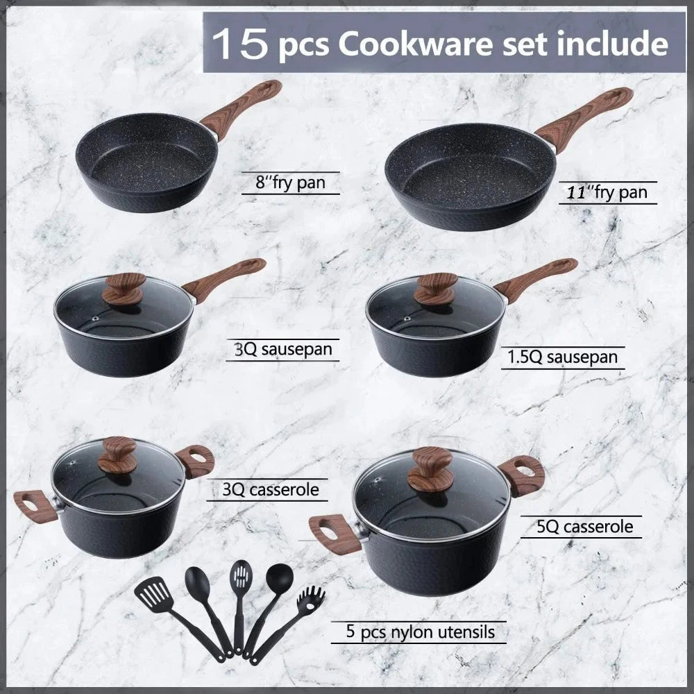 Induction Cookware Sets 15 Pcs Black Hammered -Granite Ohberri
