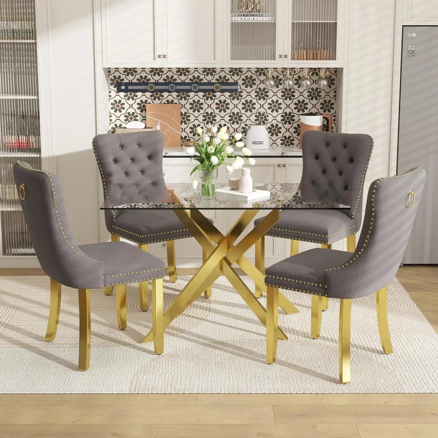 51 Inch Glass Dining Table with 4 Upholstered Velvet Accent Chairs, 5 Piece Modern Ohberri