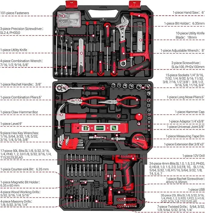 DEKO Mechanic Toolbox with 12V Power Cordless Drill Hand Repair Tools Sets Ohberri
