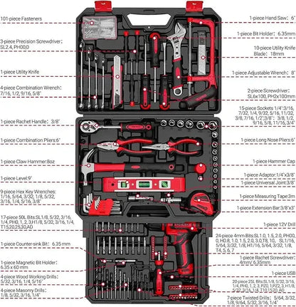 DEKO Mechanic Toolbox with 12V Power Cordless Drill Hand Repair Tools Sets Ohberri